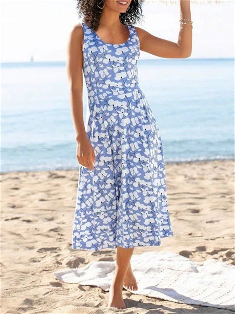 Heidi-Mode | Frauen Kleider Rundhals Blumengemustertes Ärmelloses Kleid