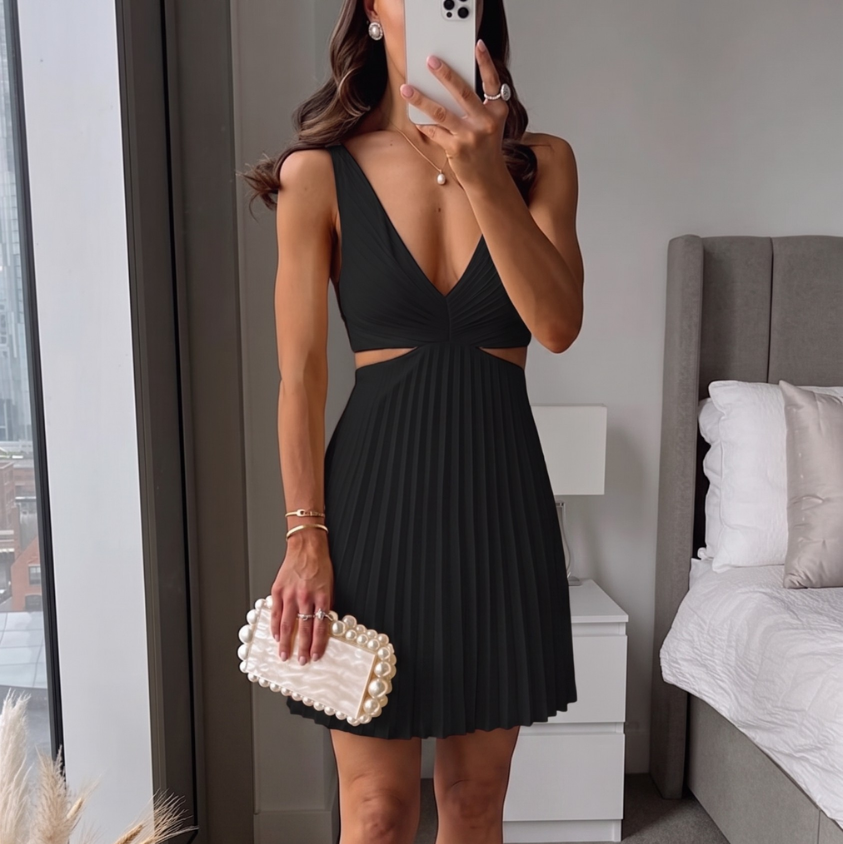 Damen Plissee-Sommerkleid mit V-Ausschnitt | A-Linie Midi