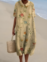Brigitte | Damen Retro Blumen Baumwoll-Leinen Hemd
