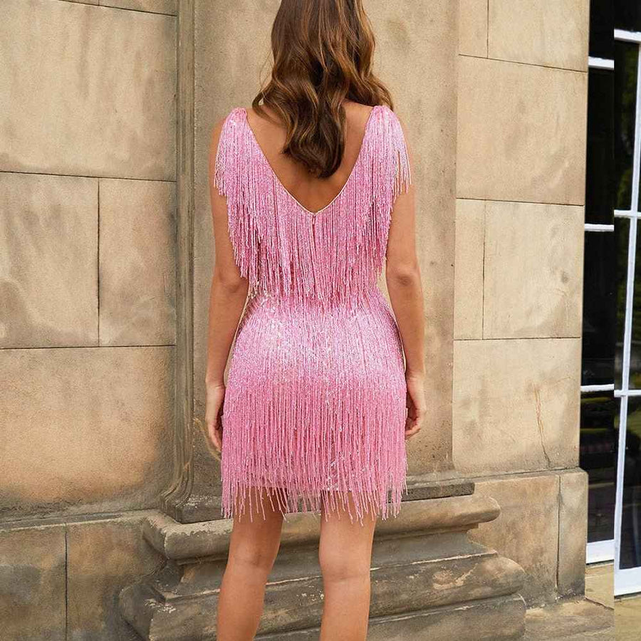 Zazie – Glitzerndes Fransen-Minikleid mit V-Ausschnitt