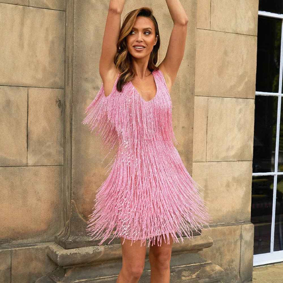 Zazie – Glitzerndes Fransen-Minikleid mit V-Ausschnitt